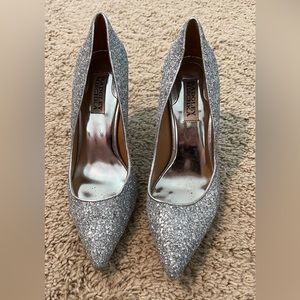 Badgley Mischka Silver Sequin Pumps, 4” heel